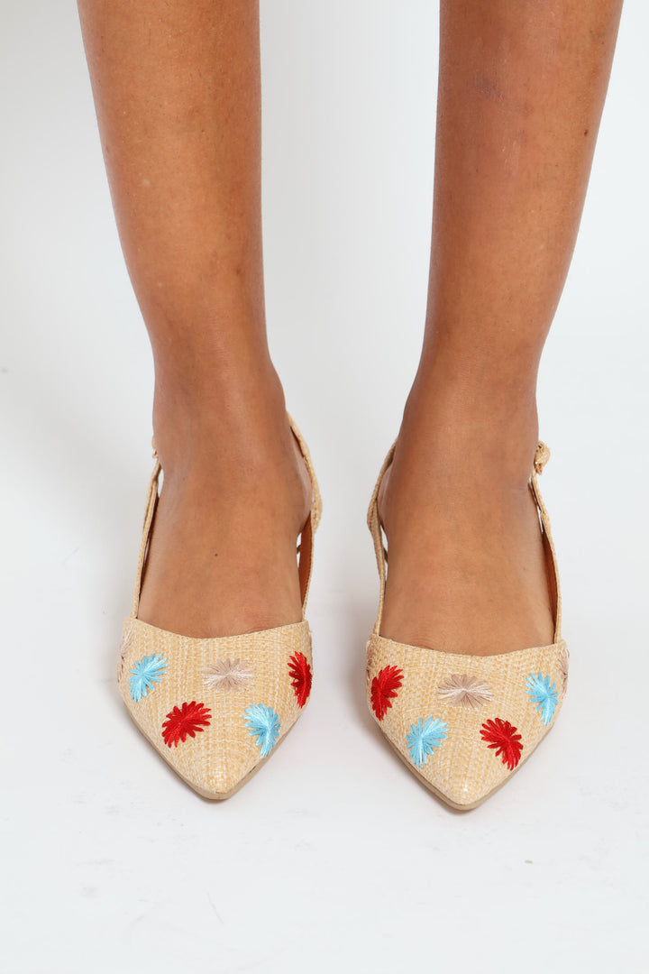 Raffia Vamp Flowers On Slingback Kitten Mule Heel - Natural