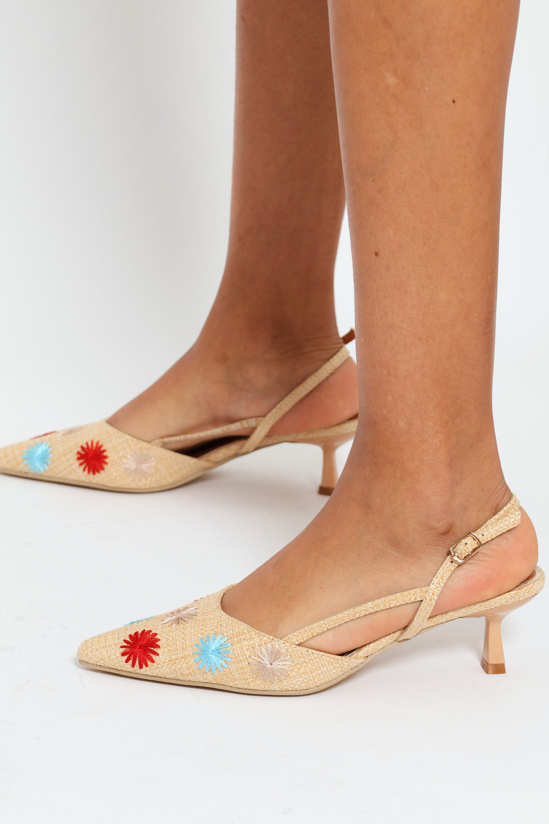 Raffia Vamp Flowers On Slingback Kitten Mule Heel - Natural