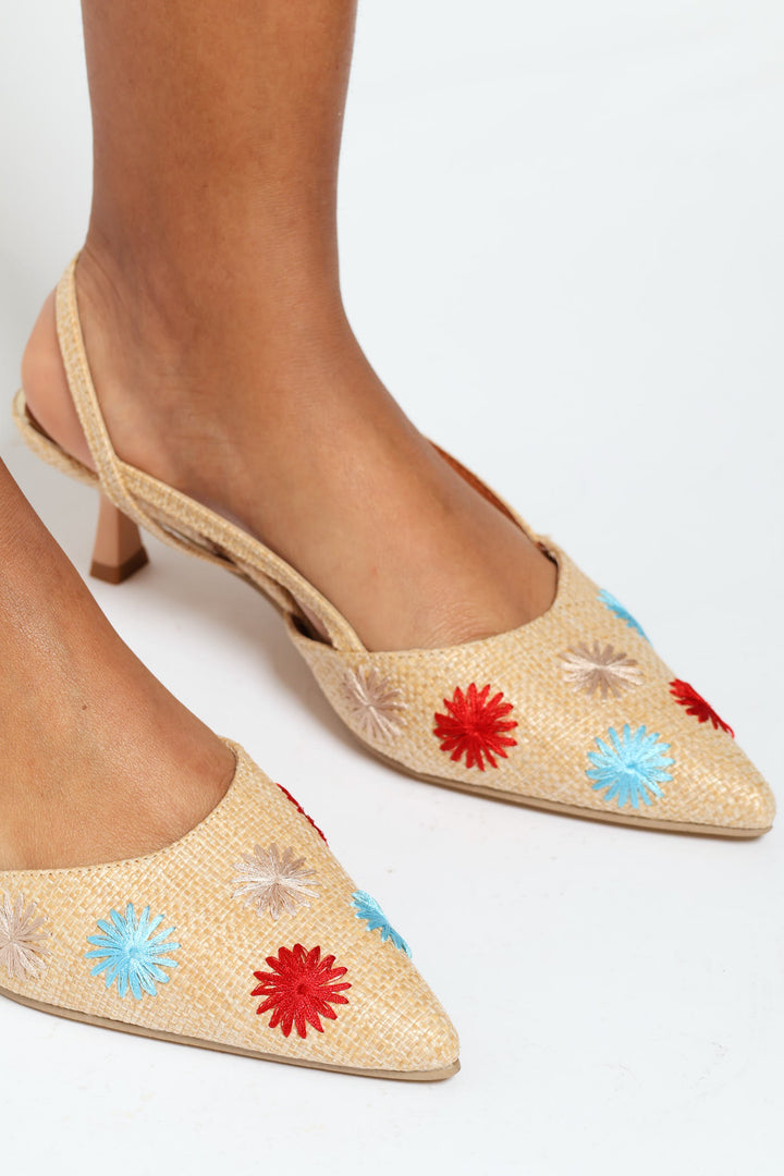 Raffia Vamp Flowers On Slingback Kitten Mule Heel - Natural