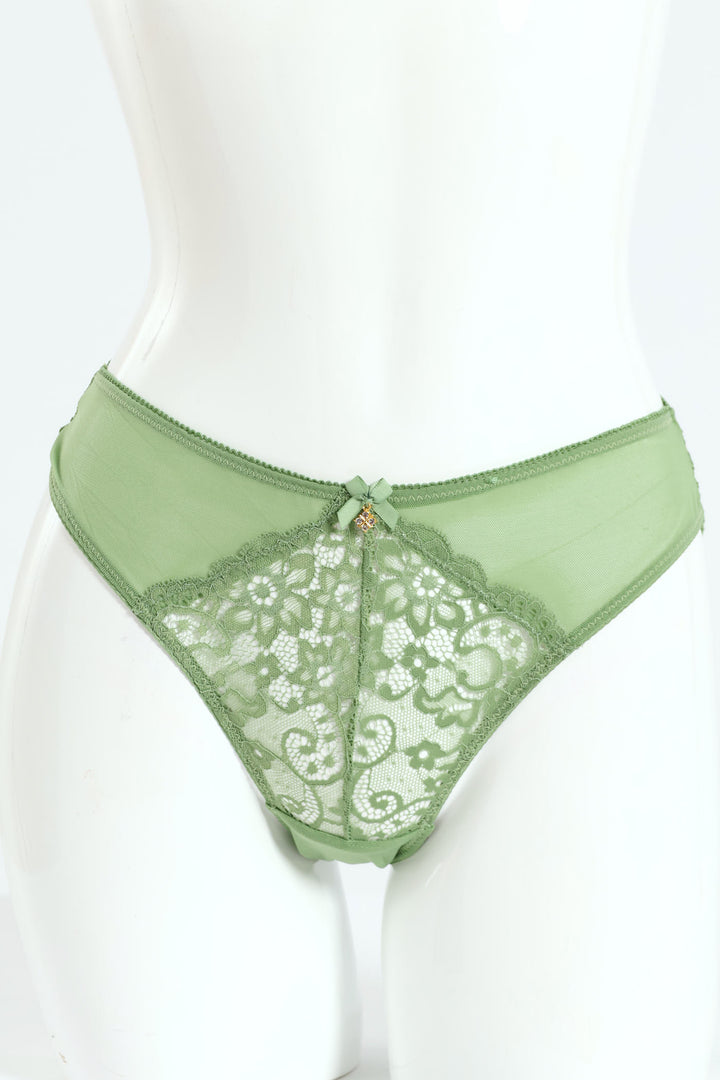 Mesh & Lace Brazilian Panty - Sage