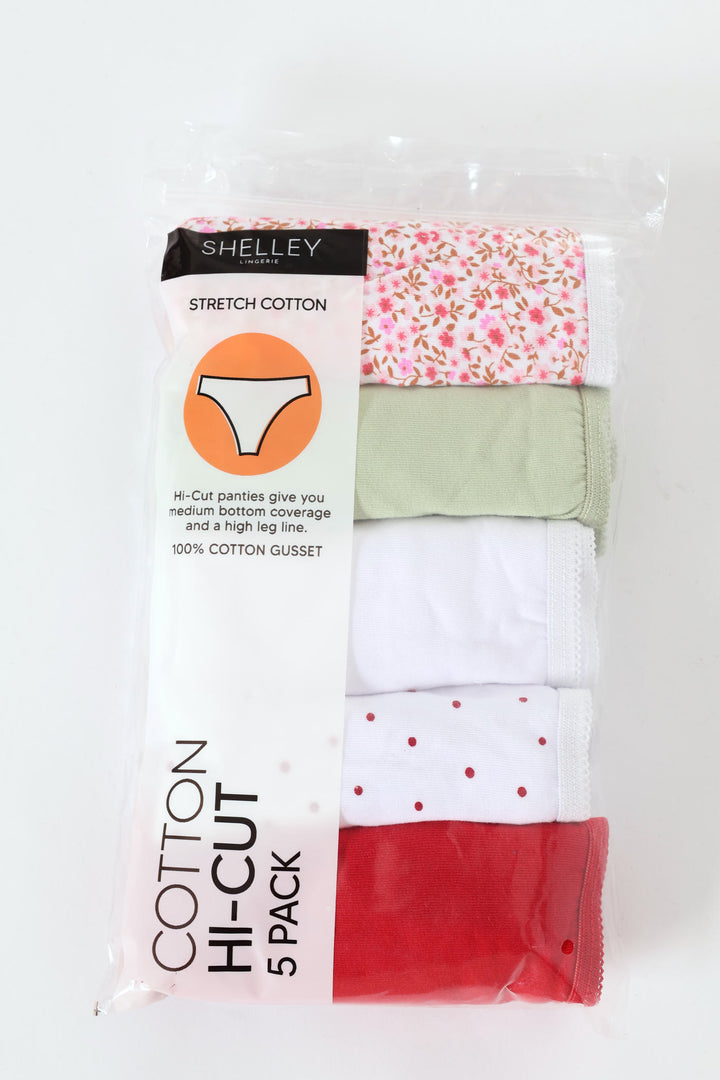 5 Pack Cotton Stretch Hicut Panties - Ditsy/Sage/White/Dot/Red