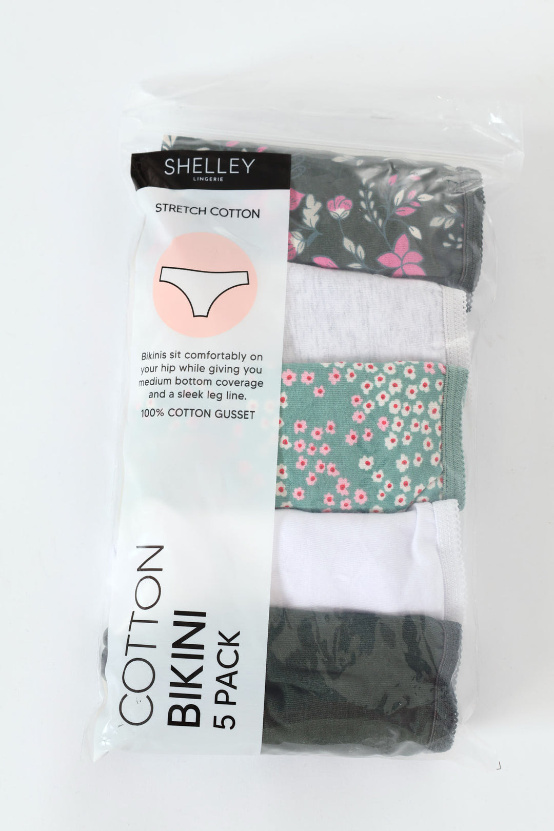 5 Pack Cotton Stretch Bikini Panties - Floral/Grey Melange/Ditsy/White