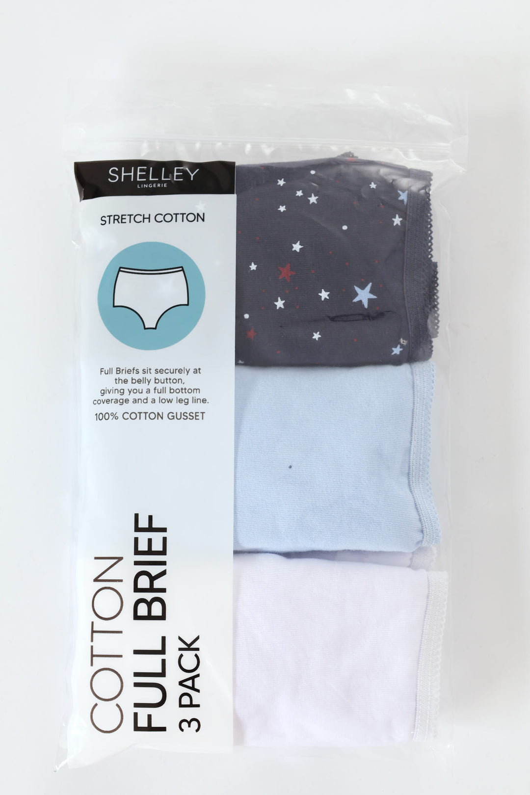 3 Pack Cotton Stretch Brief Panties - Star/Light Blue/White