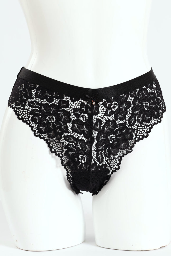 Full Lace Brazilian Panty With Shimmer Detail - Black