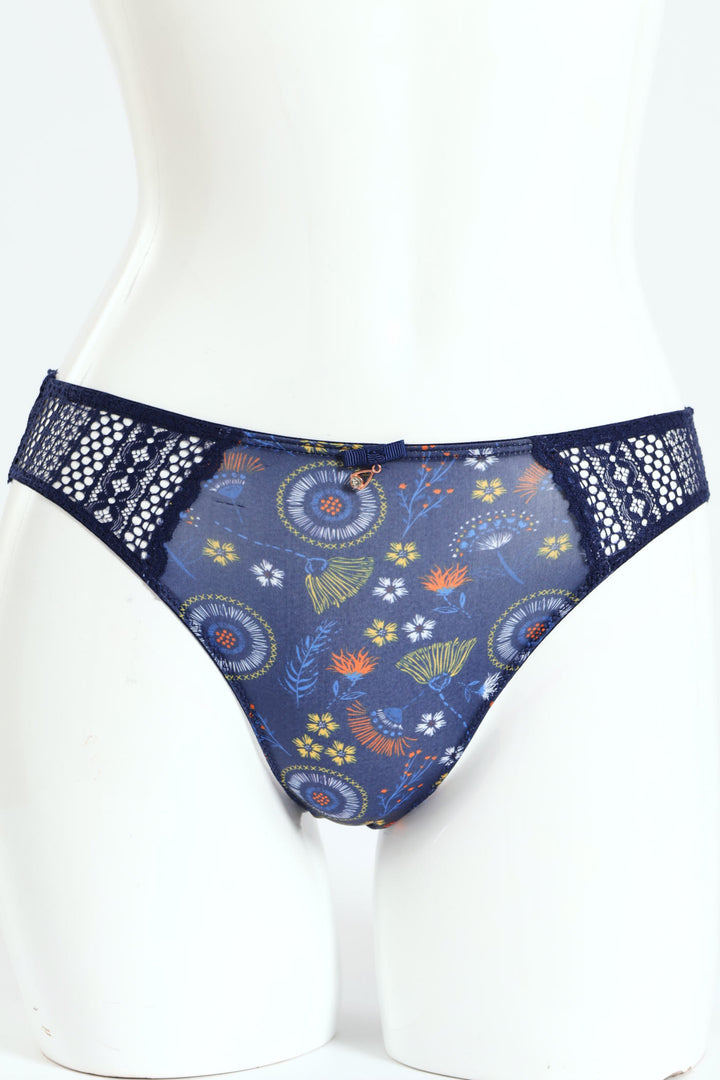 Floral Printed Microfibre & Lace Bikini Panty - Navy