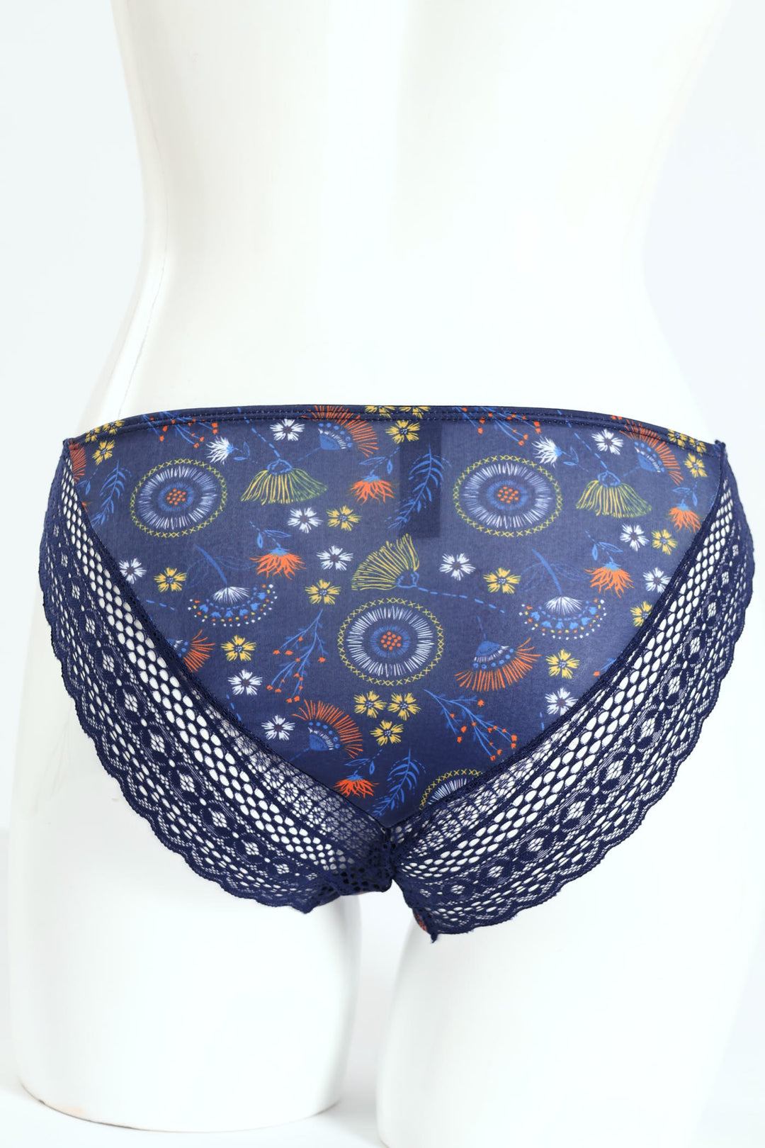 Floral Printed Microfibre & Lace Bikini Panty - Navy