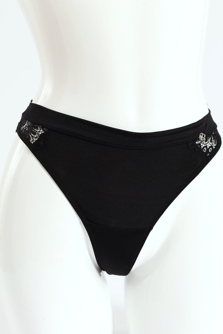 3 Pack Shiny Microfibre & Lace Thong Panties - Chai/Black