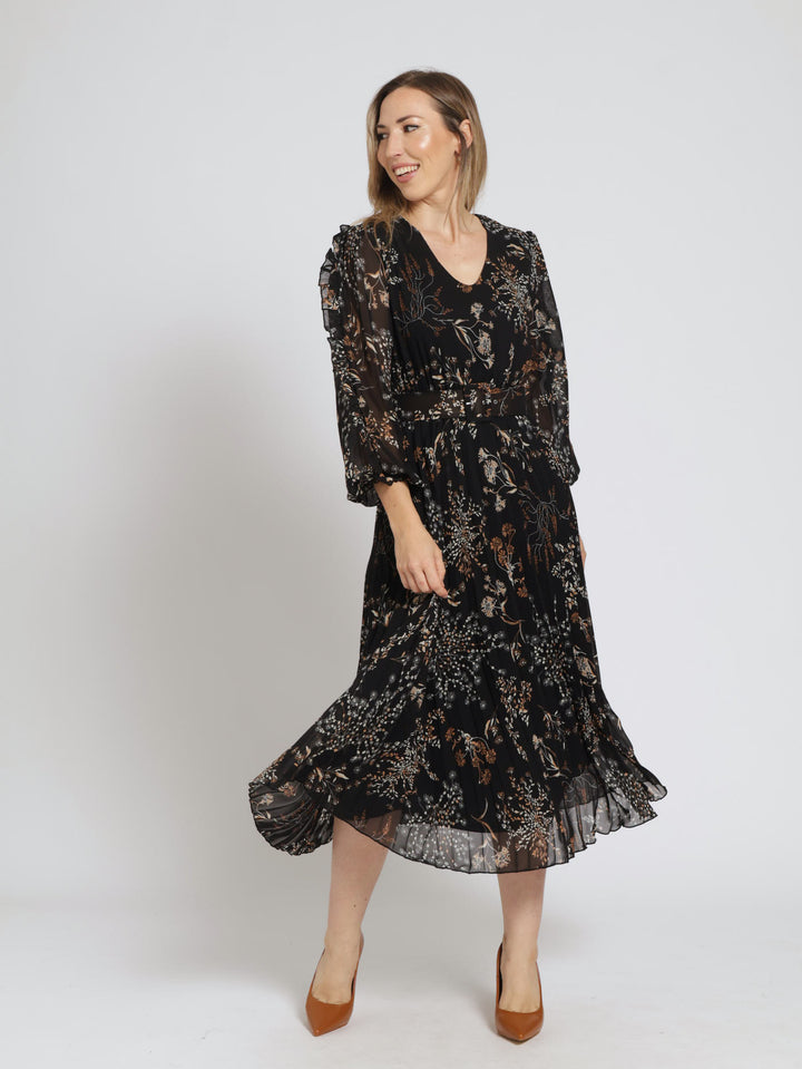 V-Neck Belted Pleated Frill Sleeve Maxi Dress - Black