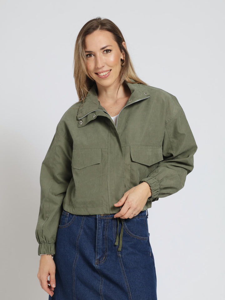 Long Sleeve Weight Funnel Neck Crop Utility Jacket - Light Fatigue