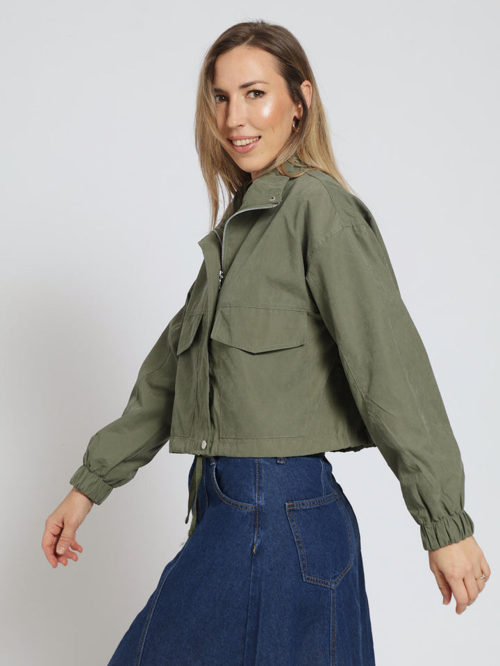 Long Sleeve Weight Funnel Neck Crop Utility Jacket - Light Fatigue