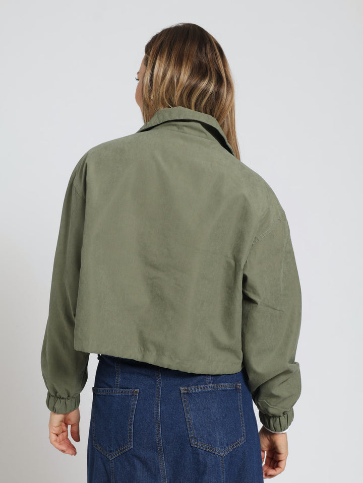 Long Sleeve Weight Funnel Neck Crop Utility Jacket - Light Fatigue