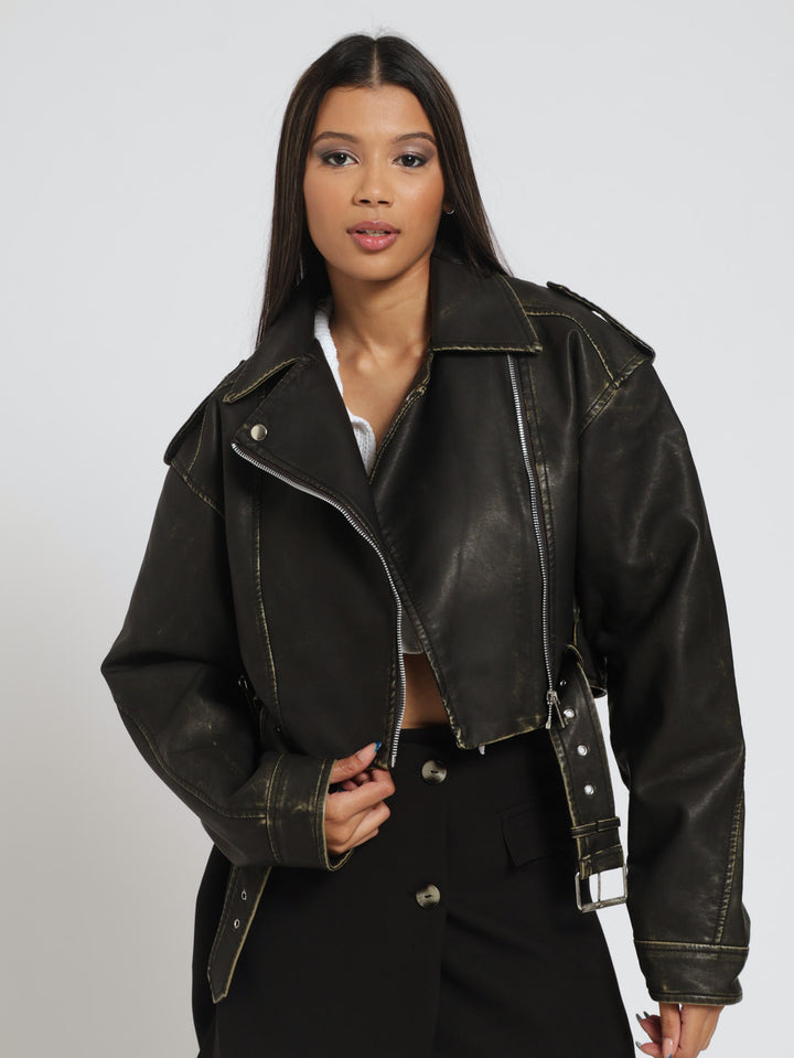 Crop Belted Biker Jacket - Chocolate