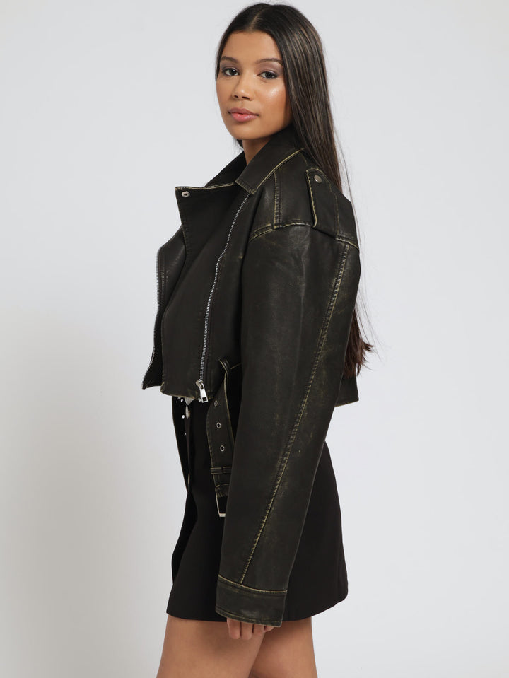 Crop Belted Biker Jacket - Chocolate