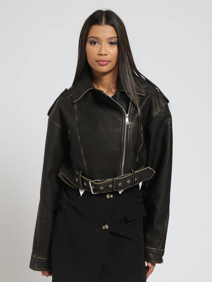 Crop Belted Biker Jacket - Chocolate