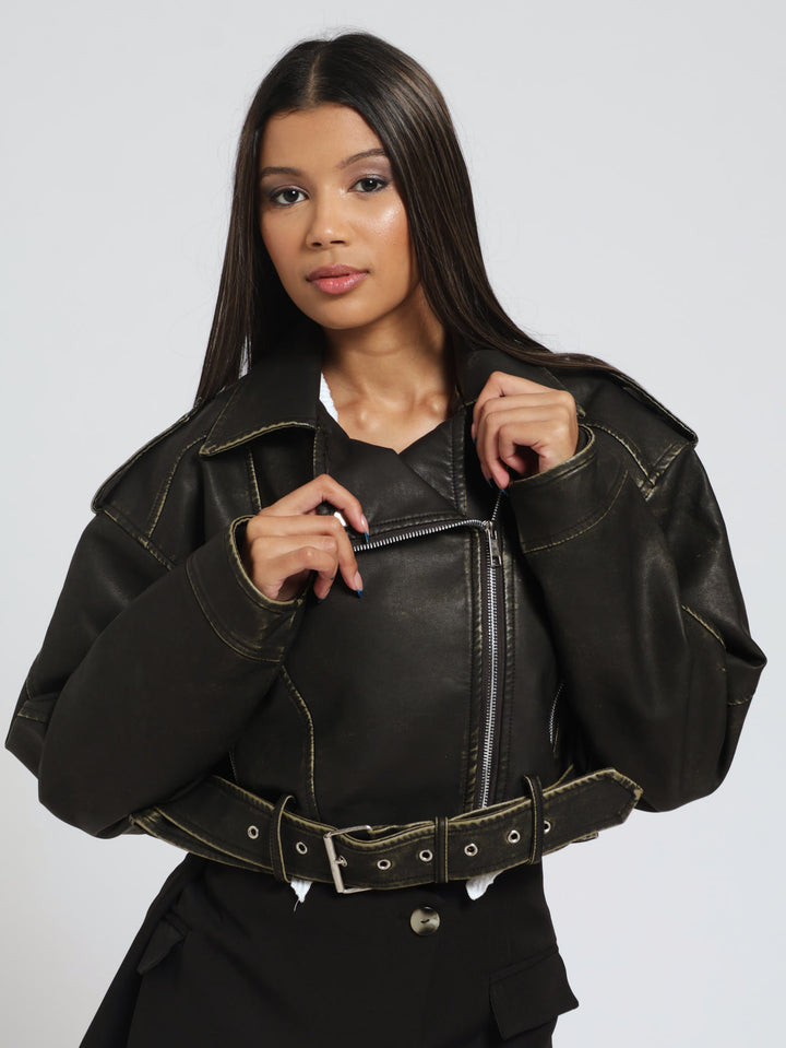 Crop Belted Biker Jacket - Chocolate