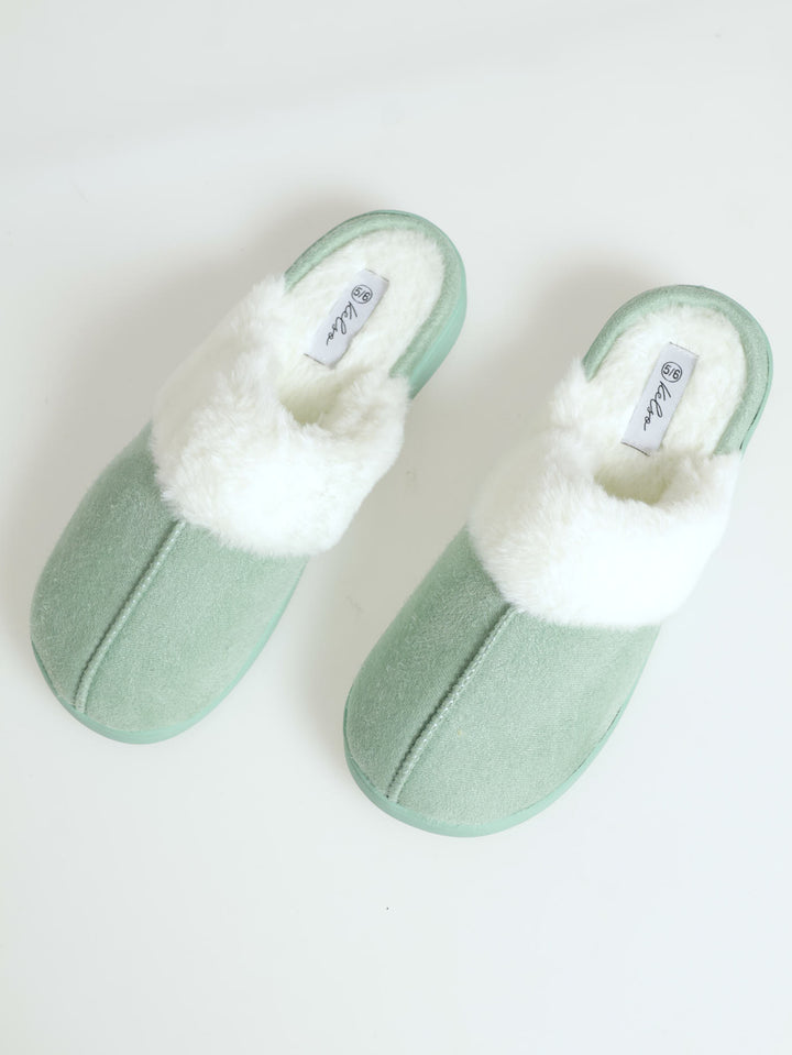 Closed Toe Slipper With Fur Trim - Sage