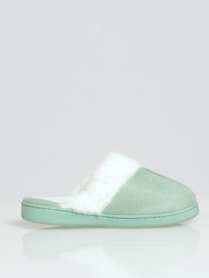 Closed Toe Slipper With Fur Trim - Sage