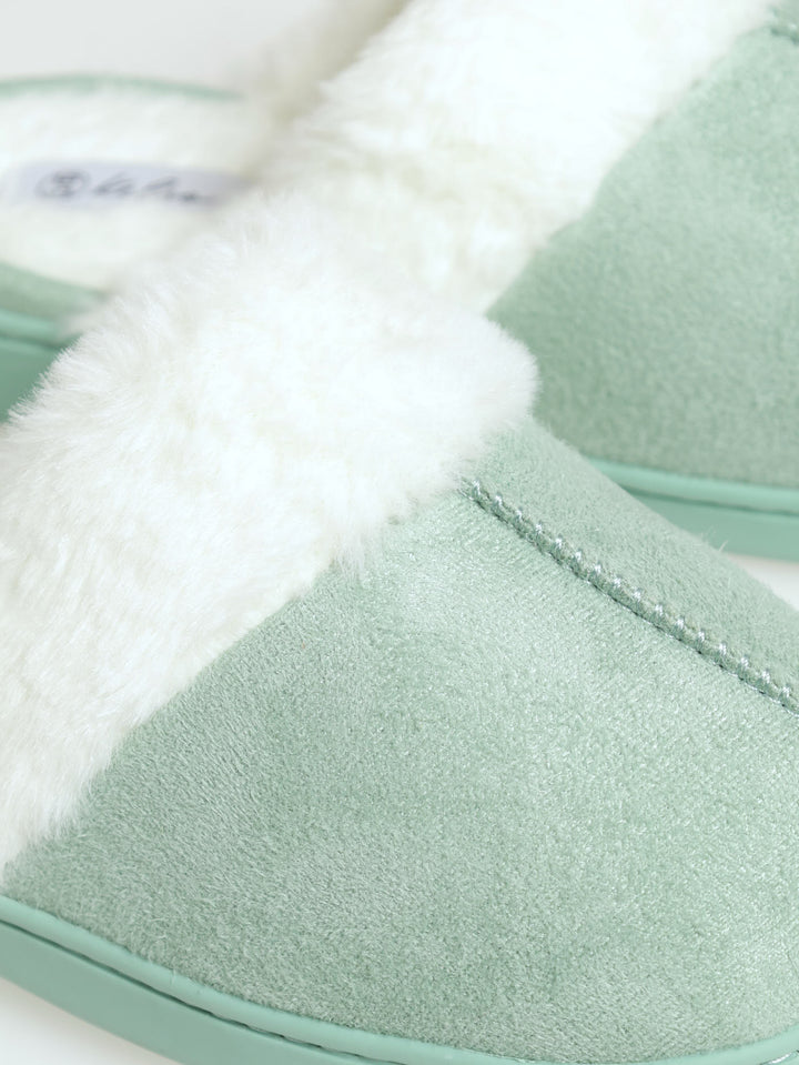 Closed Toe Slipper With Fur Trim - Sage