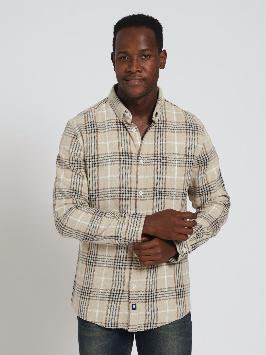 Long Sleeve Check Woven Shirt - Camel