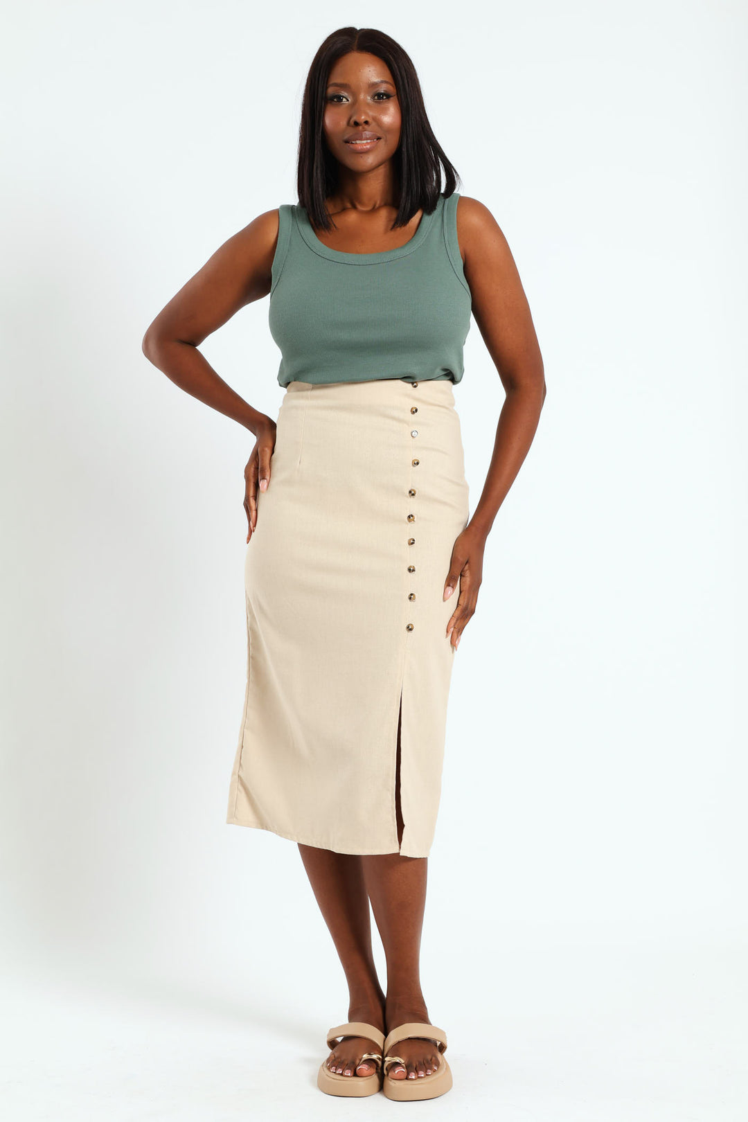 Button Detail & Slit Pencil Midi Skirt - Light Stone