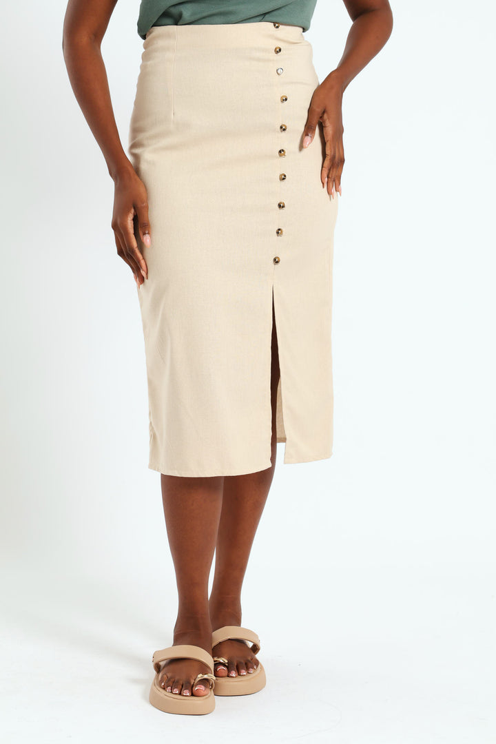 Button Detail & Slit Pencil Midi Skirt - Light Stone