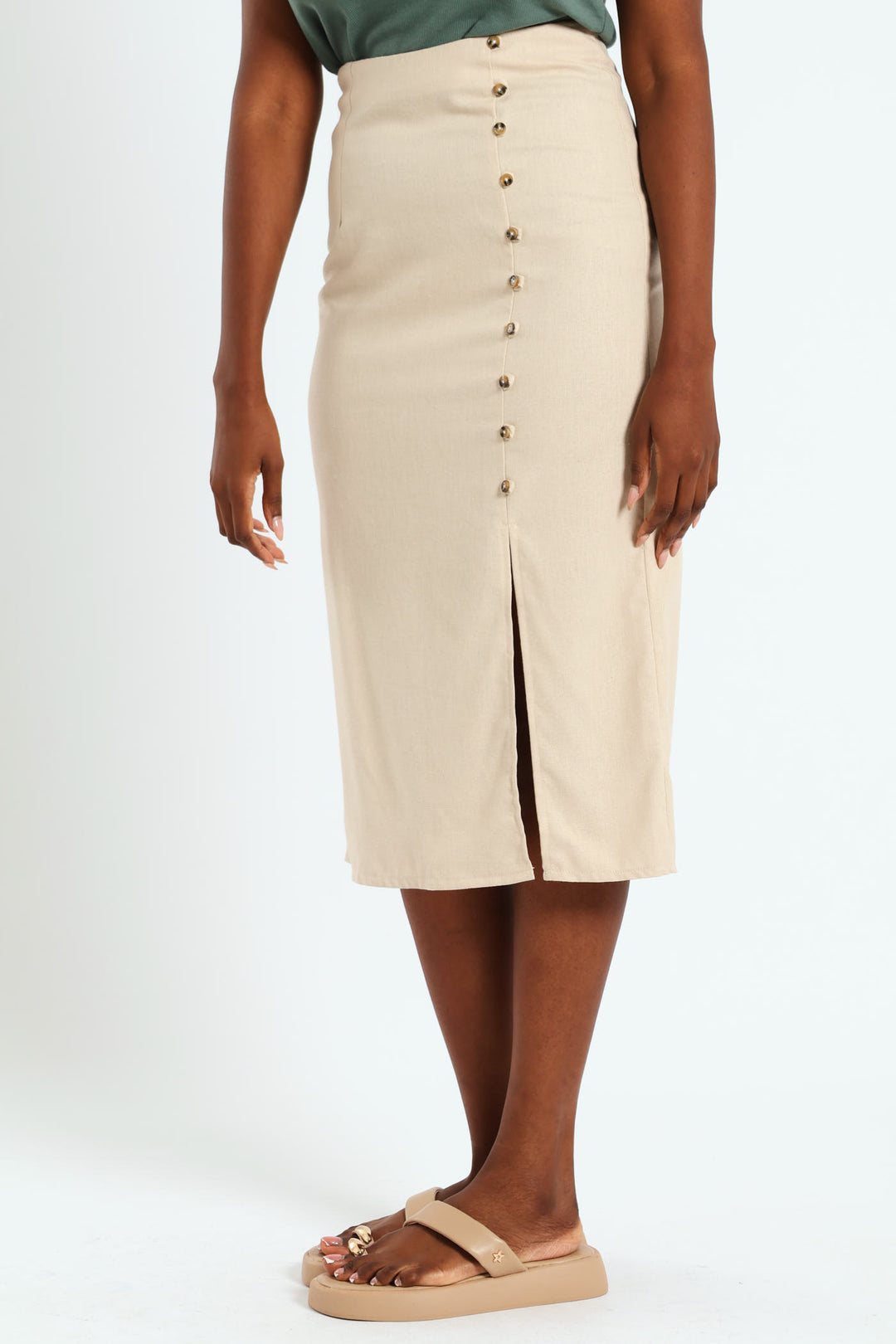 Button Detail & Slit Pencil Midi Skirt - Light Stone