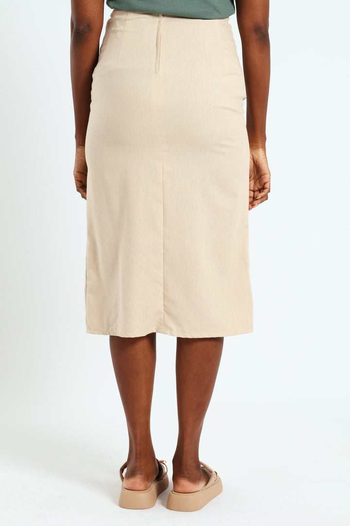 Button Detail & Slit Pencil Midi Skirt - Light Stone