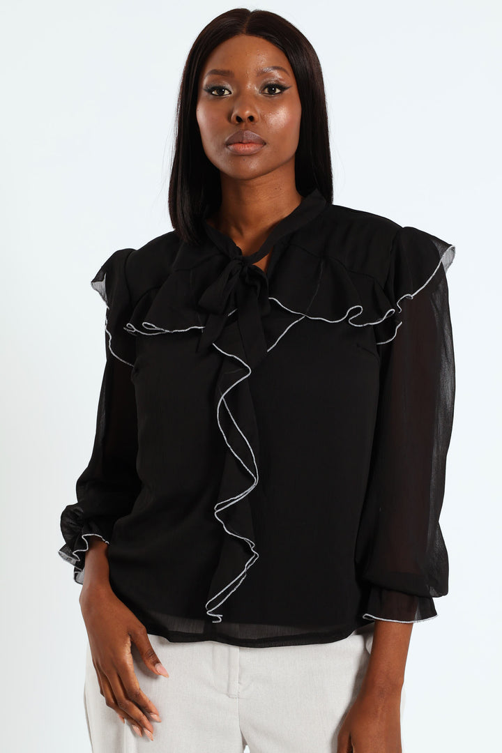 Kitty Bow Ruffle Blouse - Black