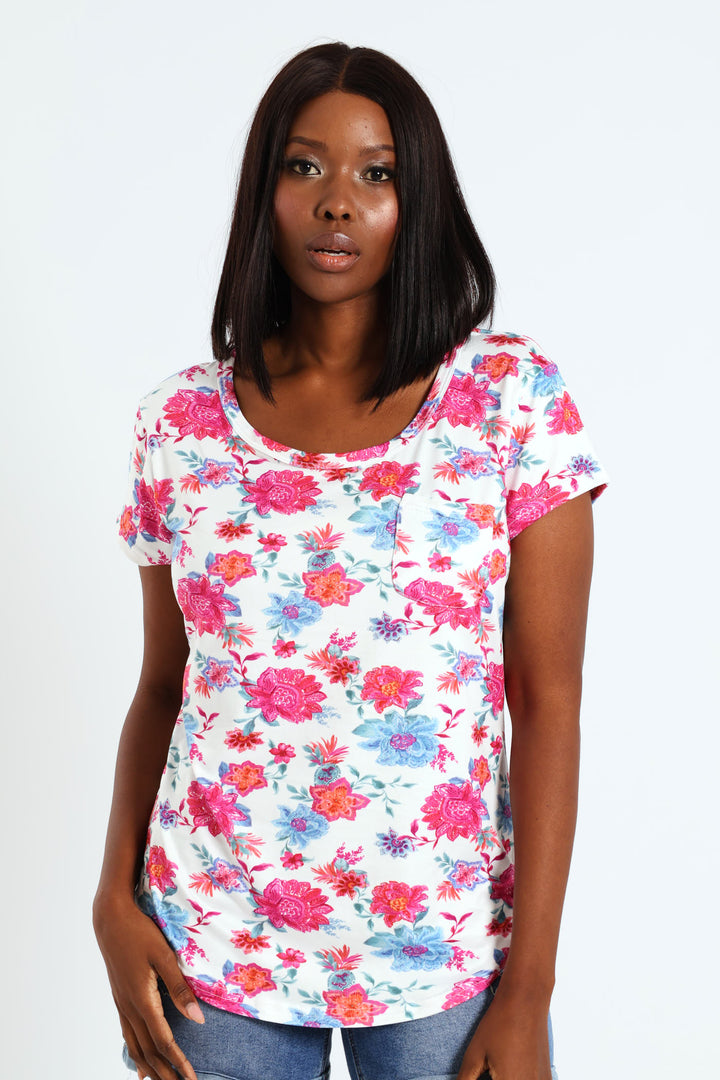 Bright Flowers Print Pocket Tee