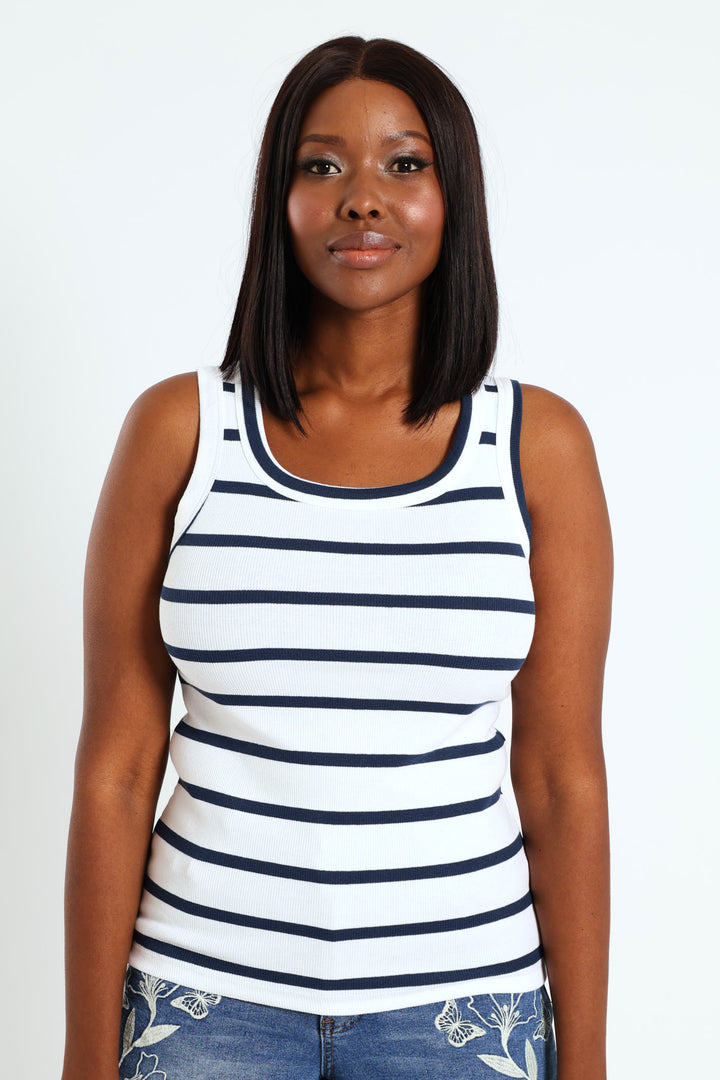 Sleeveless Rib Tank - Navy/White