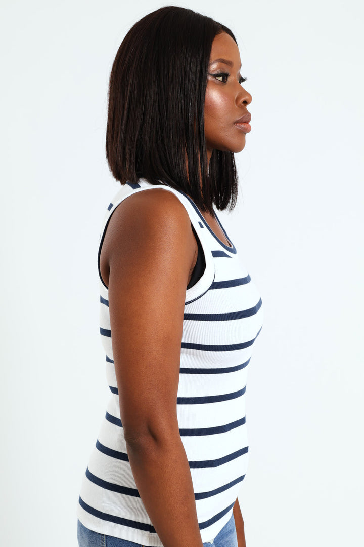 Sleeveless Rib Tank - Navy/White