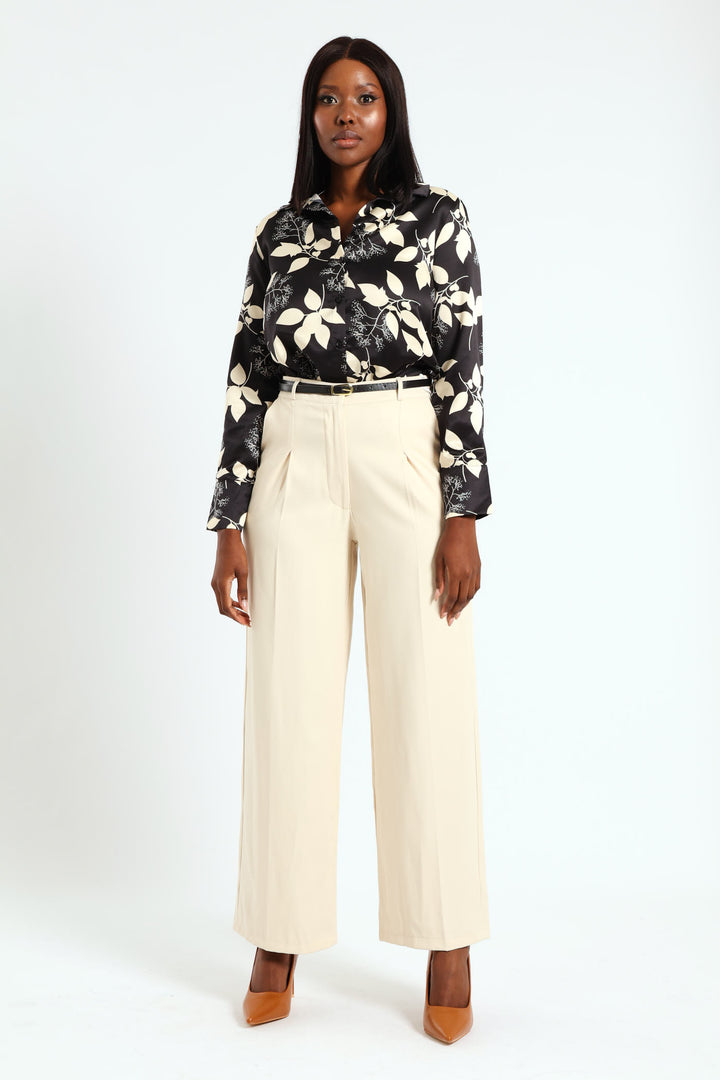 Belted Tailored Wide Leg Pant - Beige