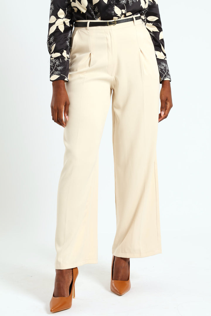 Belted Tailored Wide Leg Pant - Beige