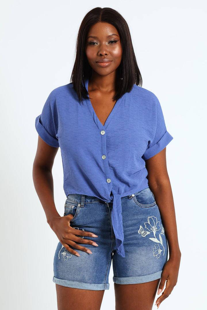 V-Neck Button Through Blouse Shirt - Smokey Blue