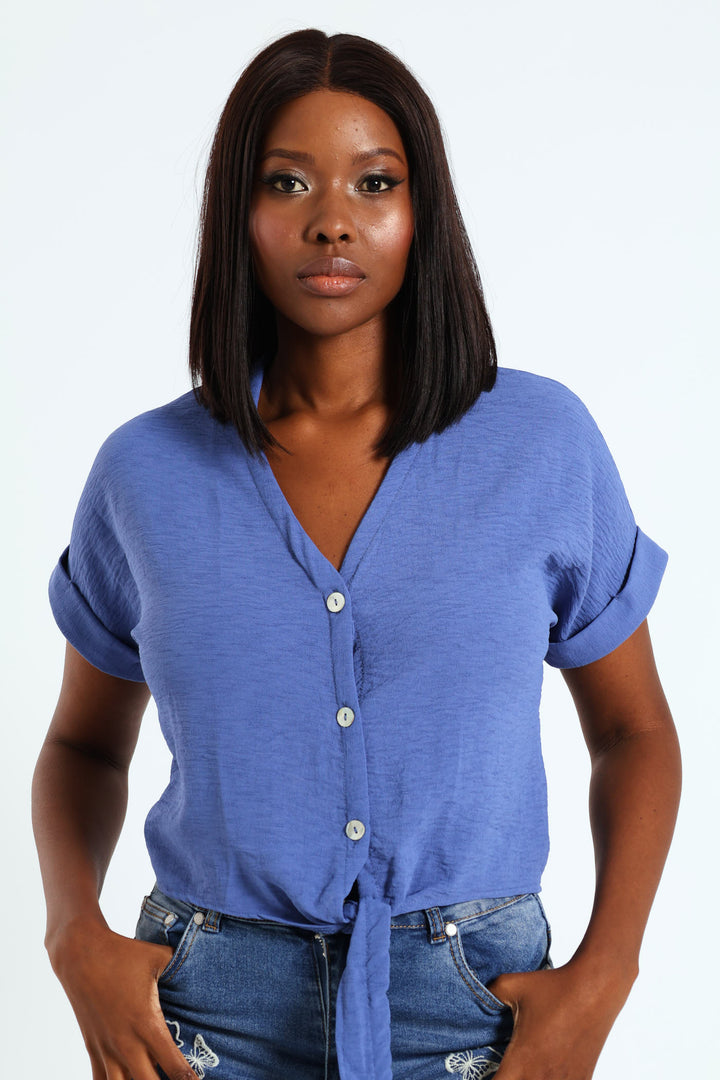 V-Neck Button Through Blouse Shirt - Smokey Blue