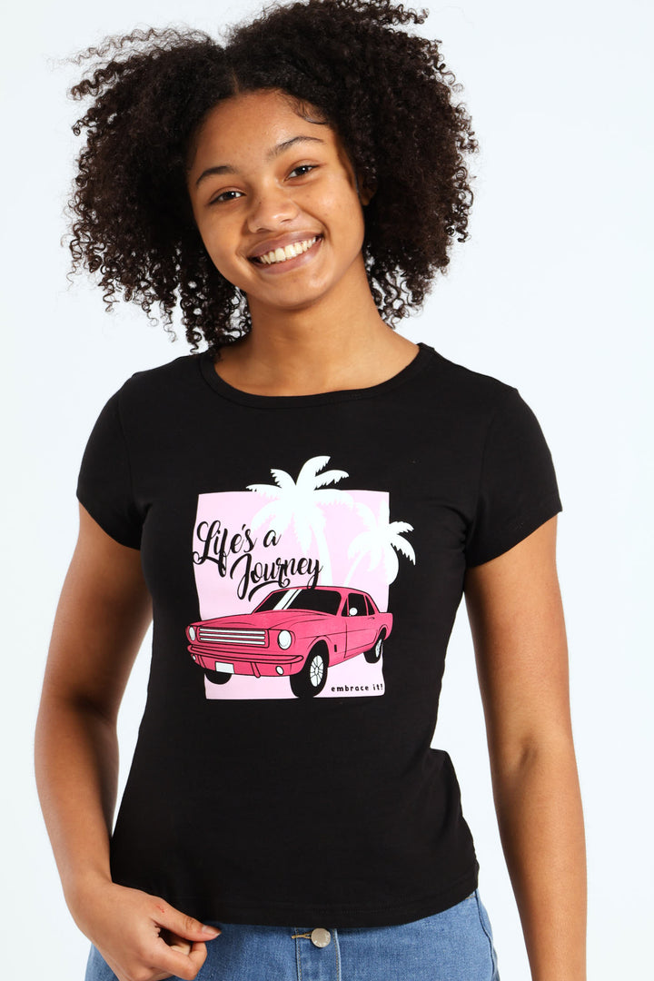 Girls Regular Car Tee - Black