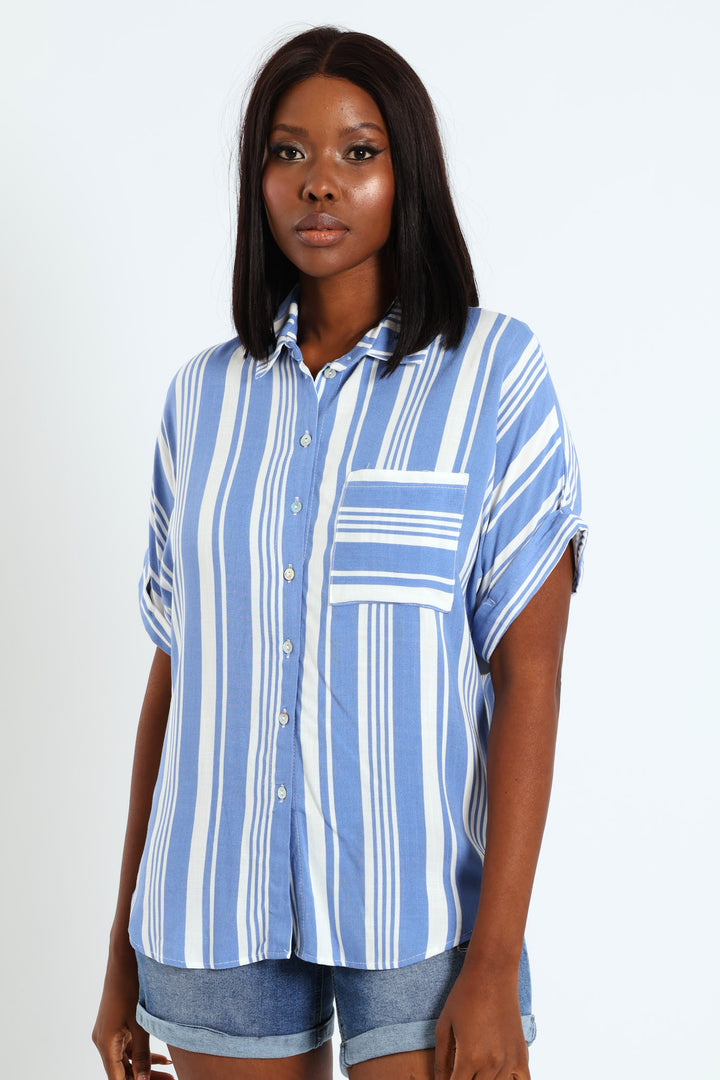 Single Pocket Turnup Stripe Easywearing Shirt - White/Blue