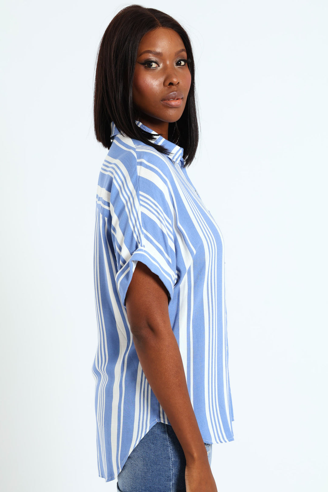 Single Pocket Turnup Stripe Easywearing Shirt - White/Blue