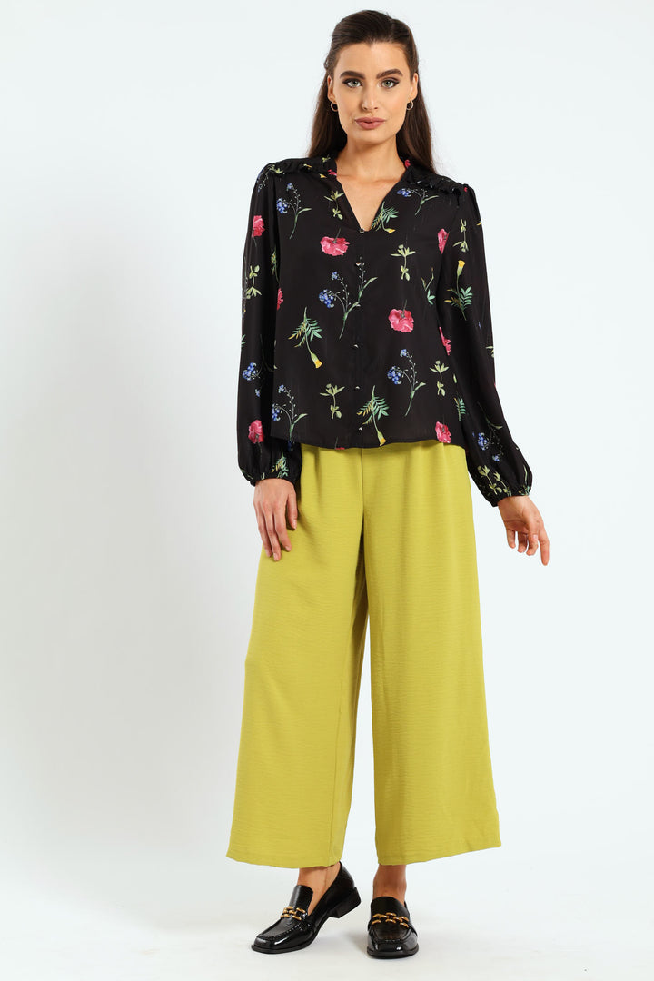 V-Neck Button Through Floral Shirt - Black