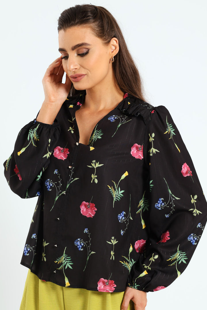 V-Neck Button Through Floral Shirt - Black