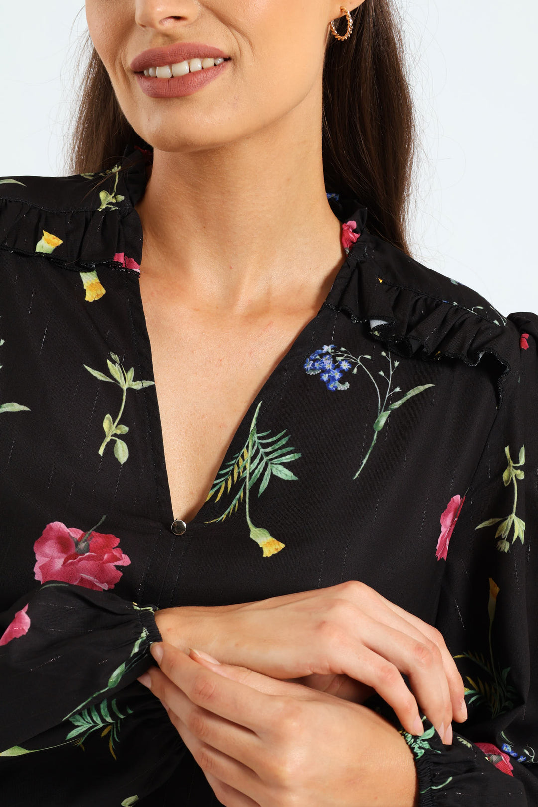 V-Neck Button Through Floral Shirt - Black