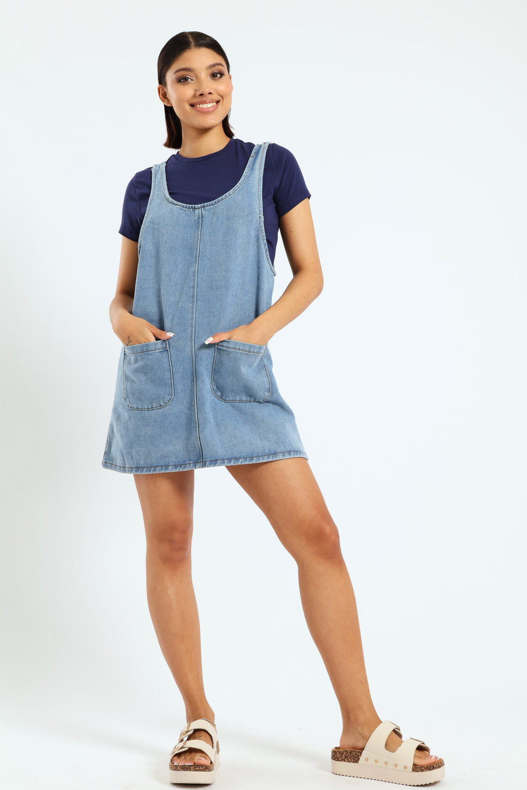 Boxy Denim Pinafore Dress - Mid Blue