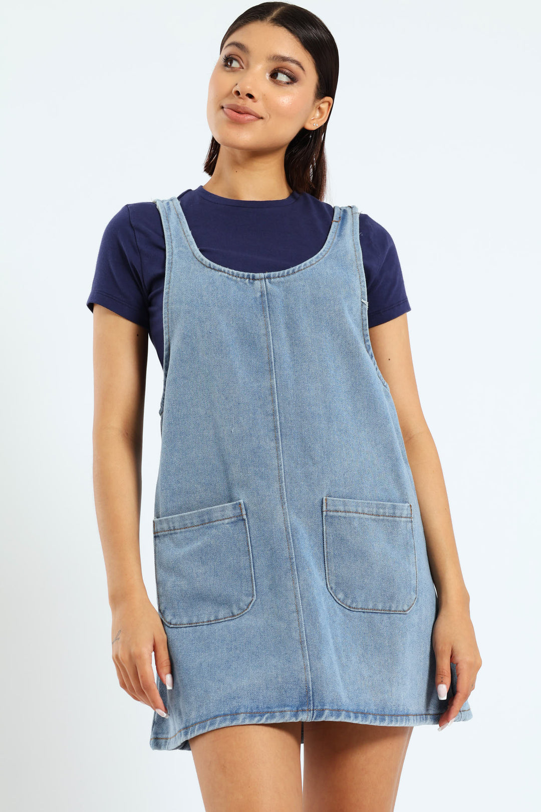 Boxy Denim Pinafore Dress - Mid Blue