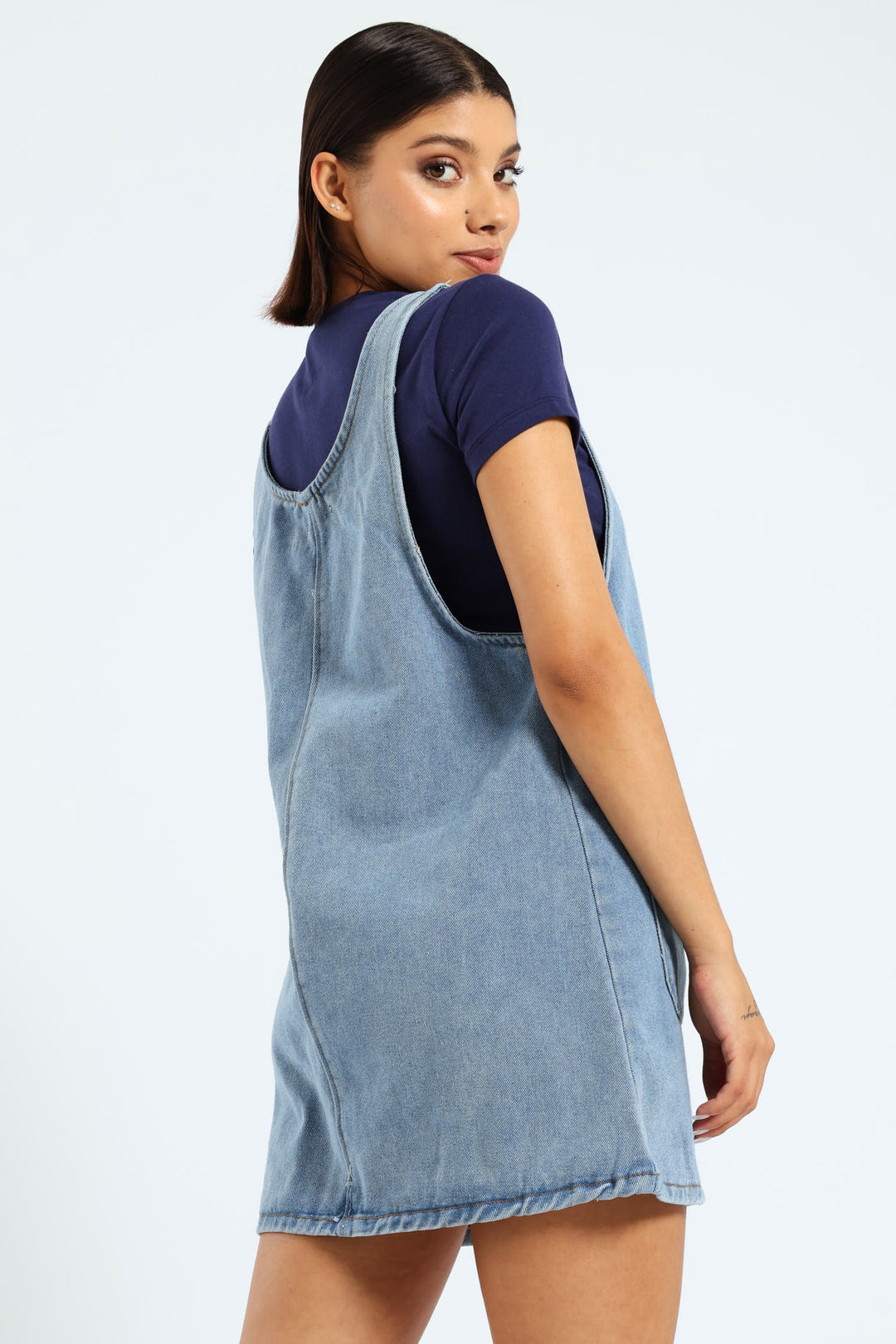 Boxy Denim Pinafore Dress - Mid Blue