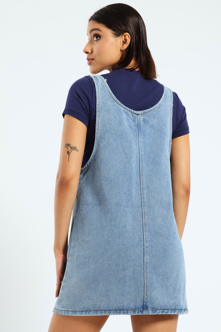 Boxy Denim Pinafore Dress - Mid Blue