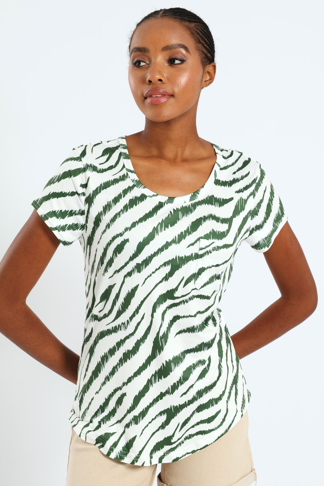 Zebra Print Pocket Tee - White/Green