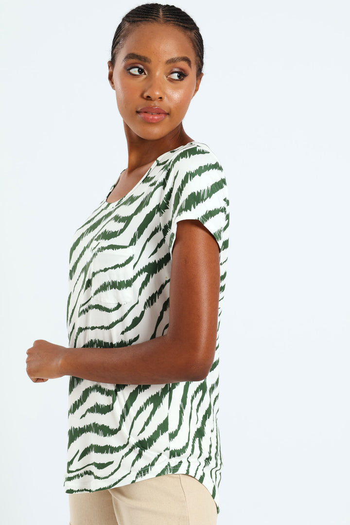 Zebra Print Pocket Tee - White/Green