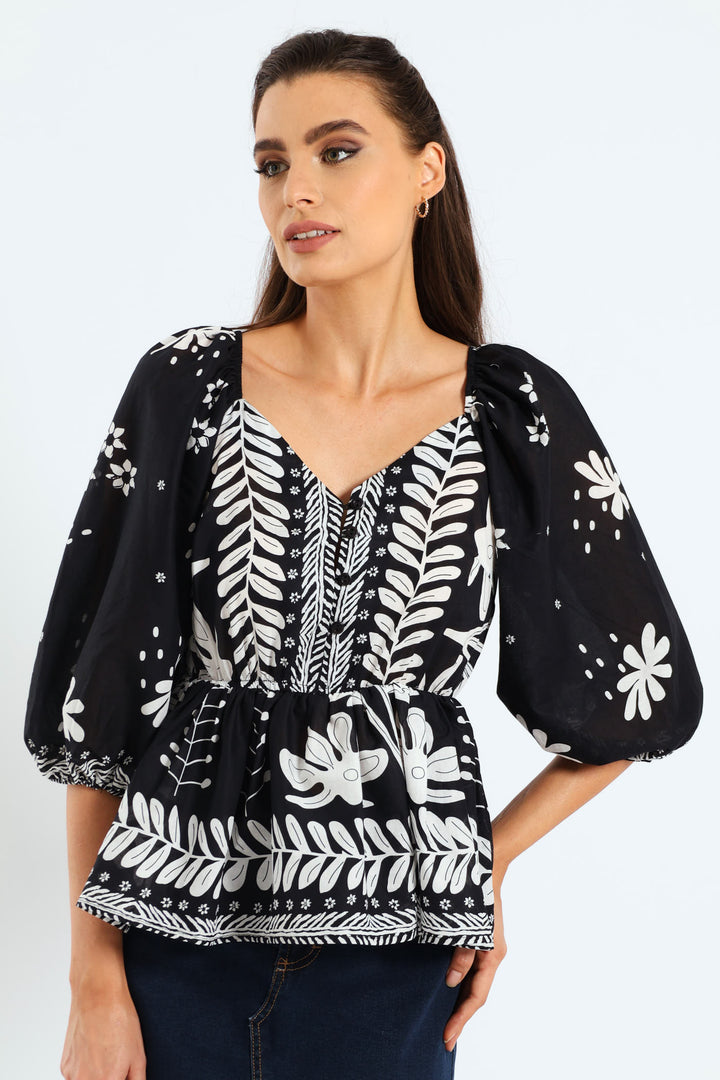 3/4 Sleeve V-Neck Peplum Blouse With Border - Black/Cream