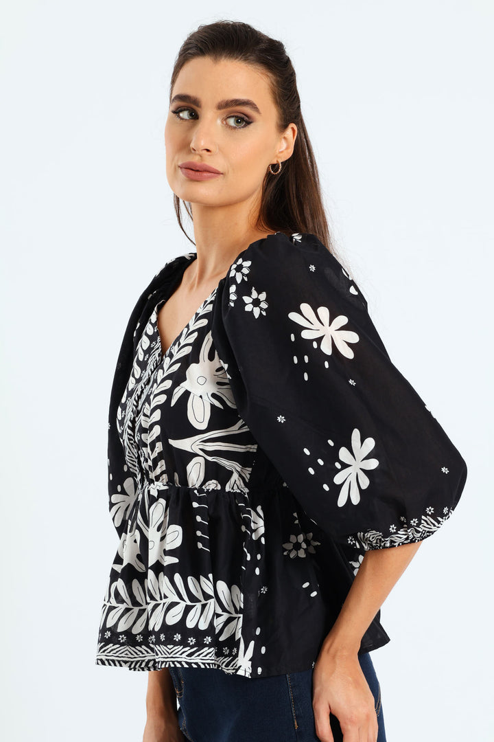 3/4 Sleeve V-Neck Peplum Blouse With Border - Black/Cream