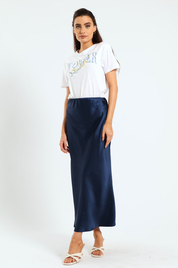 Satin Midi Slip Skirt - Navy